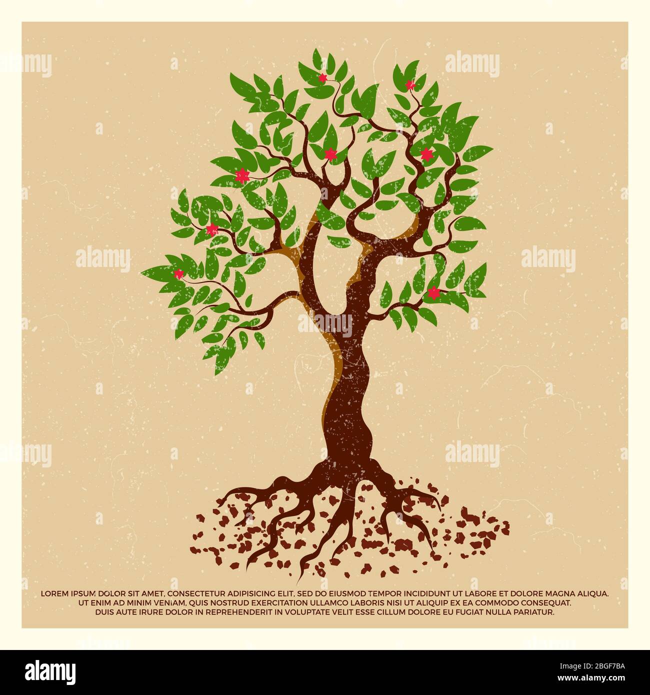 Poster di grunge vintage con albero di frutta in fiore isolato sullo sfondo. Illustrazione vettoriale Illustrazione Vettoriale