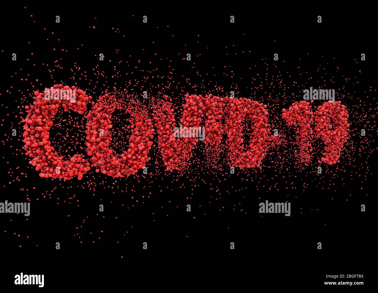 Testo di una vista ravvicinata composto da molecole di virus rossi che spiegano la parola covid-19 su uno sfondo nero - rendering 3D Foto Stock
