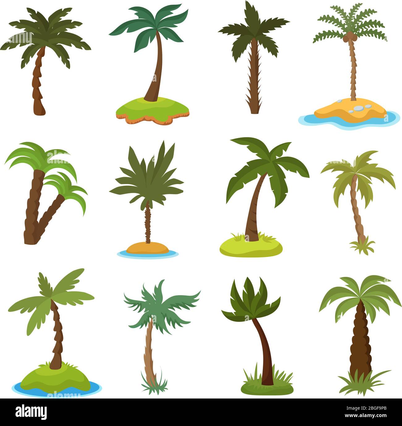 Cartoni animati di palme su isole tropicali esotiche vettore set. Illustrazione dell'isola con la collezione di palme verdi Illustrazione Vettoriale