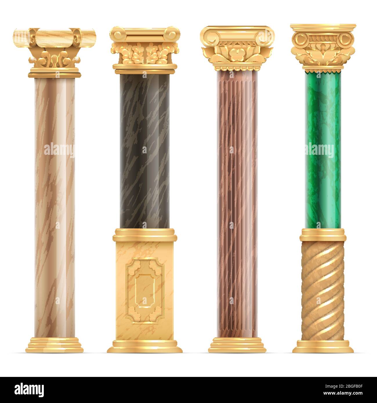 Classica architettura arabica colonne dorate con colonne in marmo in pietra e set di vettori isolati. Colonna di marmo, colonna cultura classica grecia o illustrazione romana Illustrazione Vettoriale
