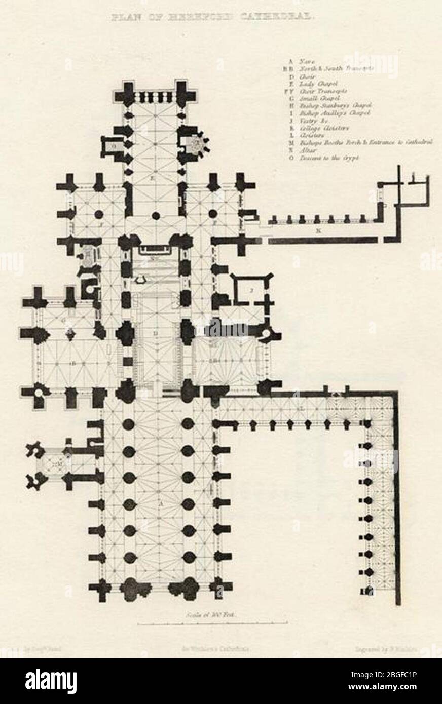 Hereford Cathedral - acciaio inciso piano da B. winkles dopo un disegno di Benjamin Baud, 1836. Foto Stock