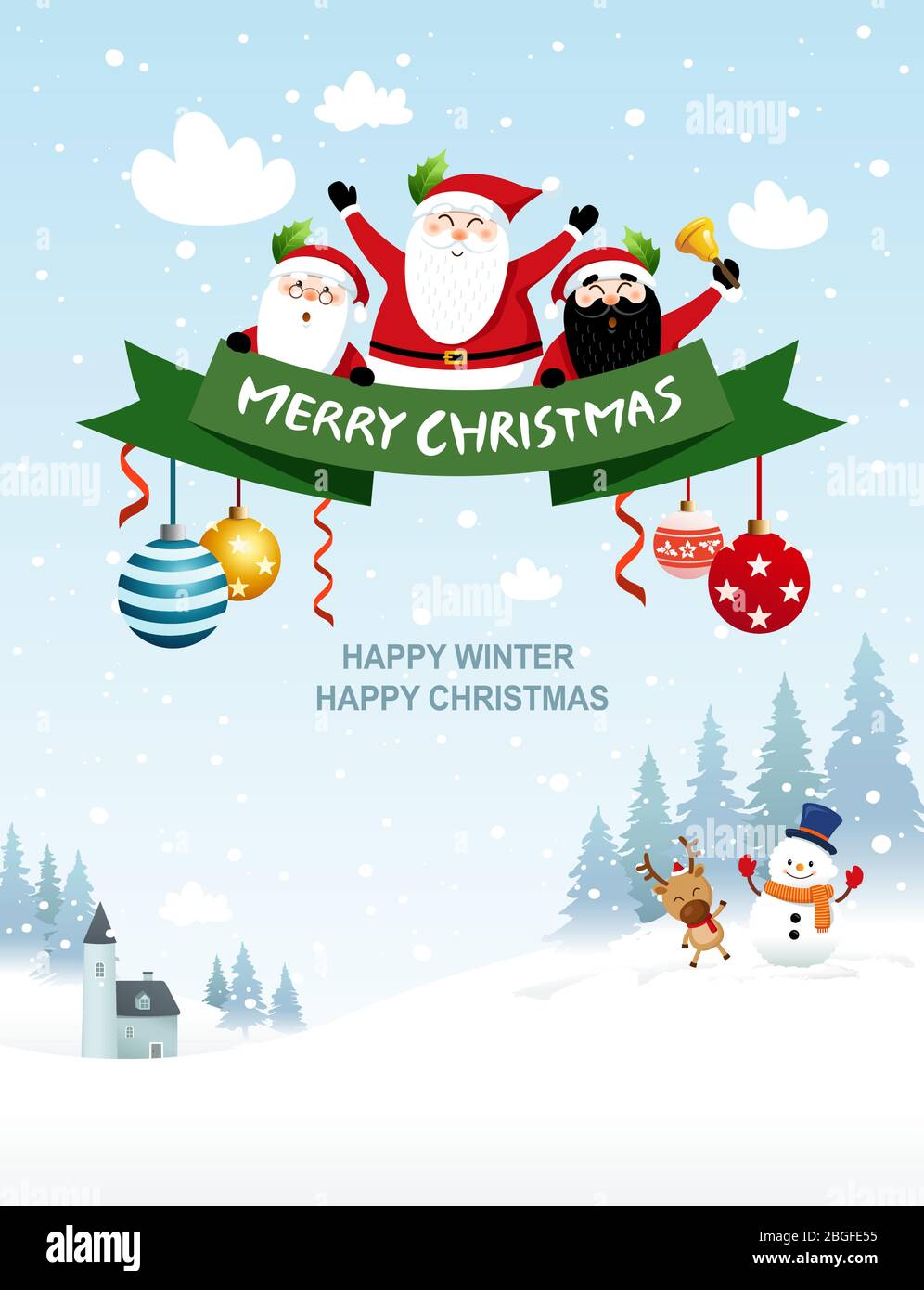 Buon inverno, buon natale, buon anno. Sfondo della foresta invernale e design di concetto di celebrazione di Babbo Natale. Illustrazione Vettoriale