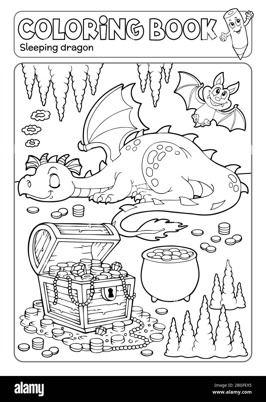 Libro da colorare drago e tesoro petto - eps10 illustrazione vettoriale. Illustrazione Vettoriale