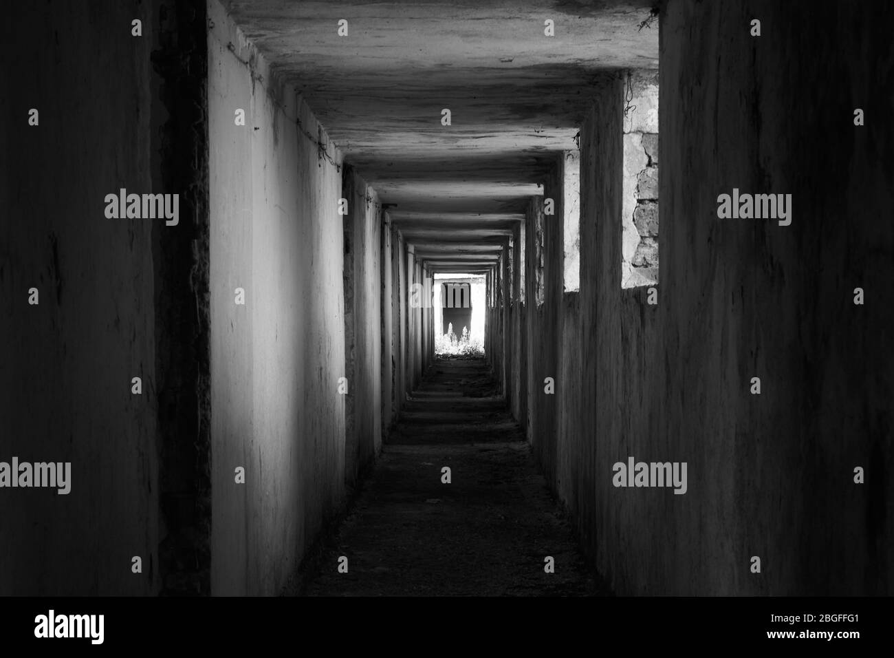 Interno di un edificio abbandonato in bianco e nero Foto Stock