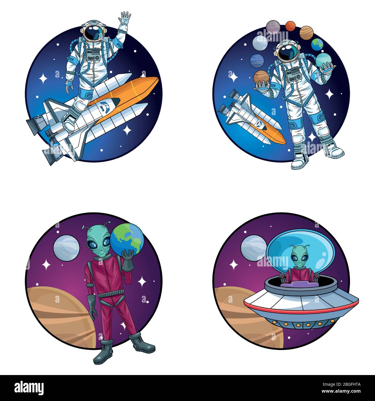 gruppo di astronauti e alieni nei personaggi spaziali Illustrazione Vettoriale
