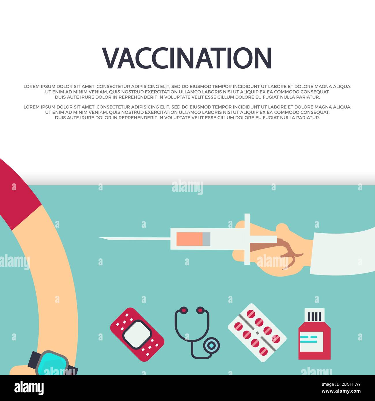 Modello di poster del banner sul concetto di vaccinazione con siringa e icone mediche. Illustrazione vettoriale Illustrazione Vettoriale