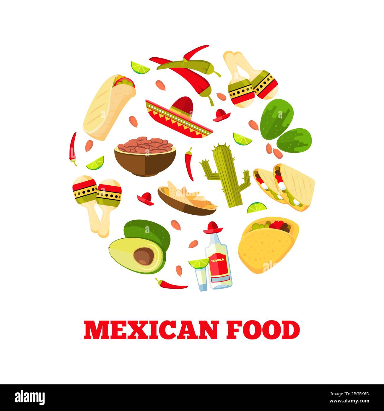 Cucina messicana cartoni animati verdure, cibo e bevande logo design in forma rotonda. Illustrazione vettoriale Illustrazione Vettoriale