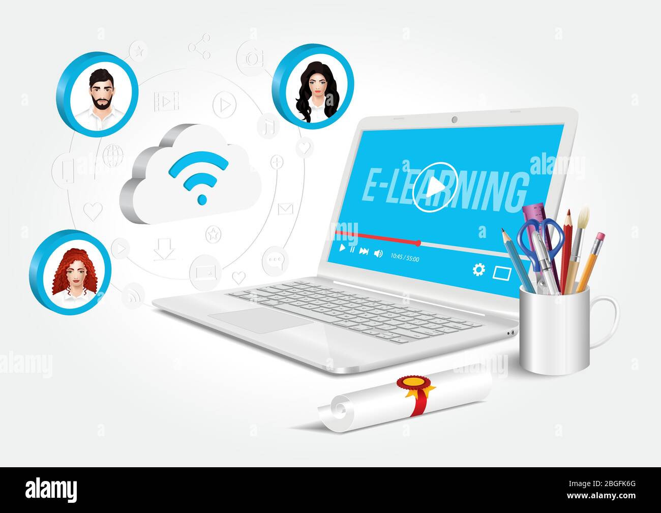 E-learning - Internet come base di conoscenza che offre nuove opportunità di apprendimento. Illustrazione Vettoriale