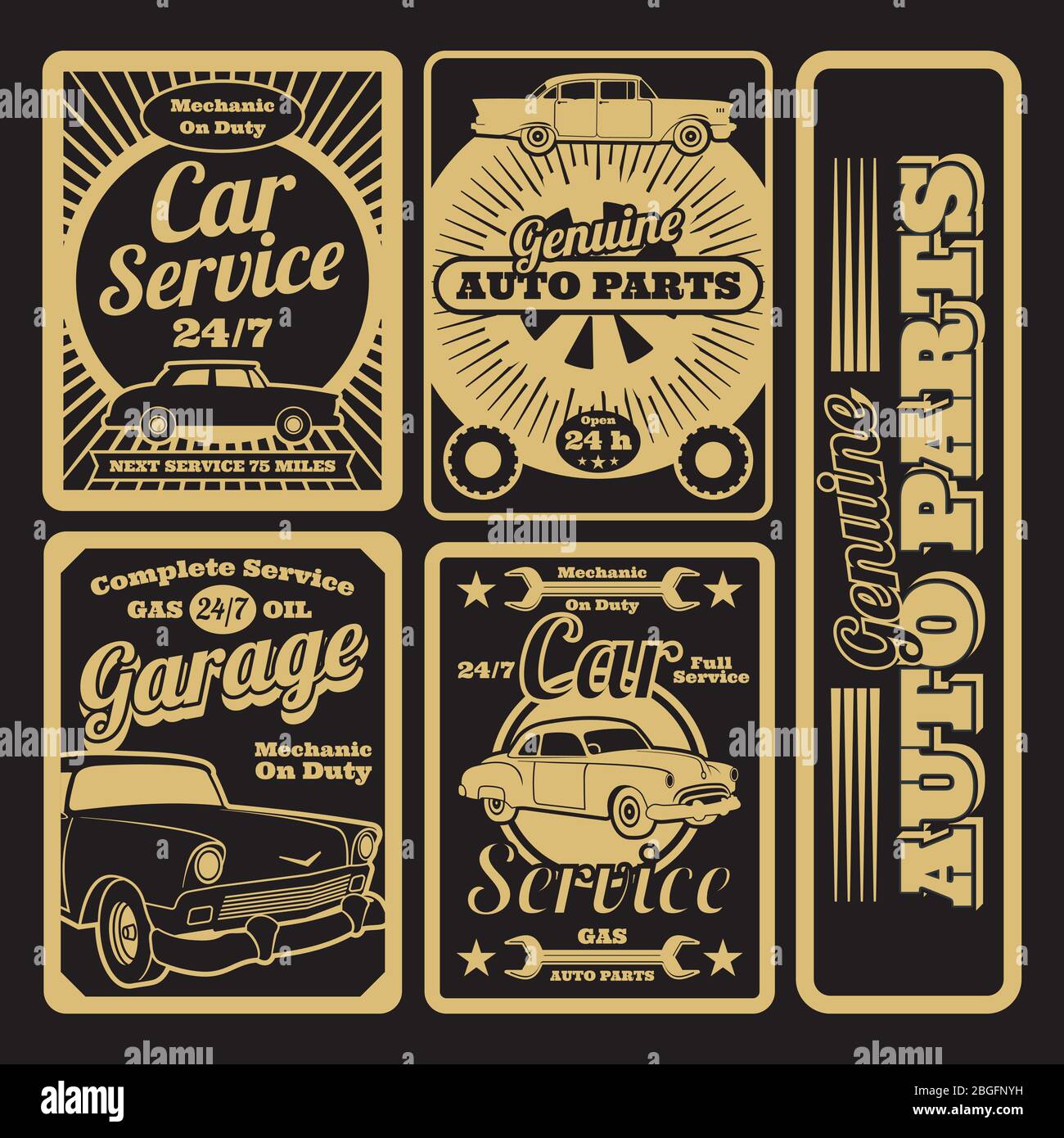 Servizio auto retro e etichette garage design vintage di set. Illustrazione vettoriale Illustrazione Vettoriale