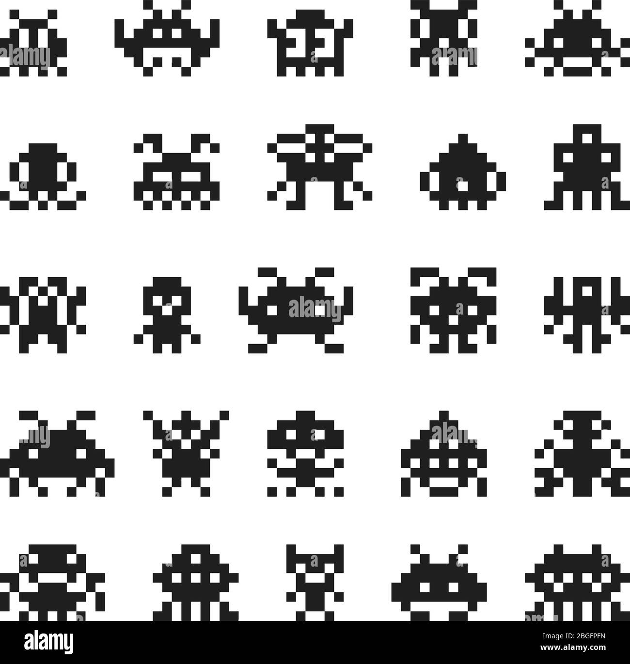 Pixel Monster Space invaders vettore silhouette icone a 8 bit. Illustrazione di un mostro pixel per il gioco, robot personaggio alieno Illustrazione Vettoriale