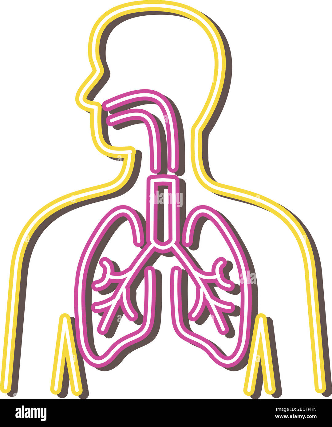 Illustrazione in stile retrò che mostra un cartello al neon degli anni '90 che illumina un sistema respiratorio umano su sfondo isolato. Illustrazione Vettoriale