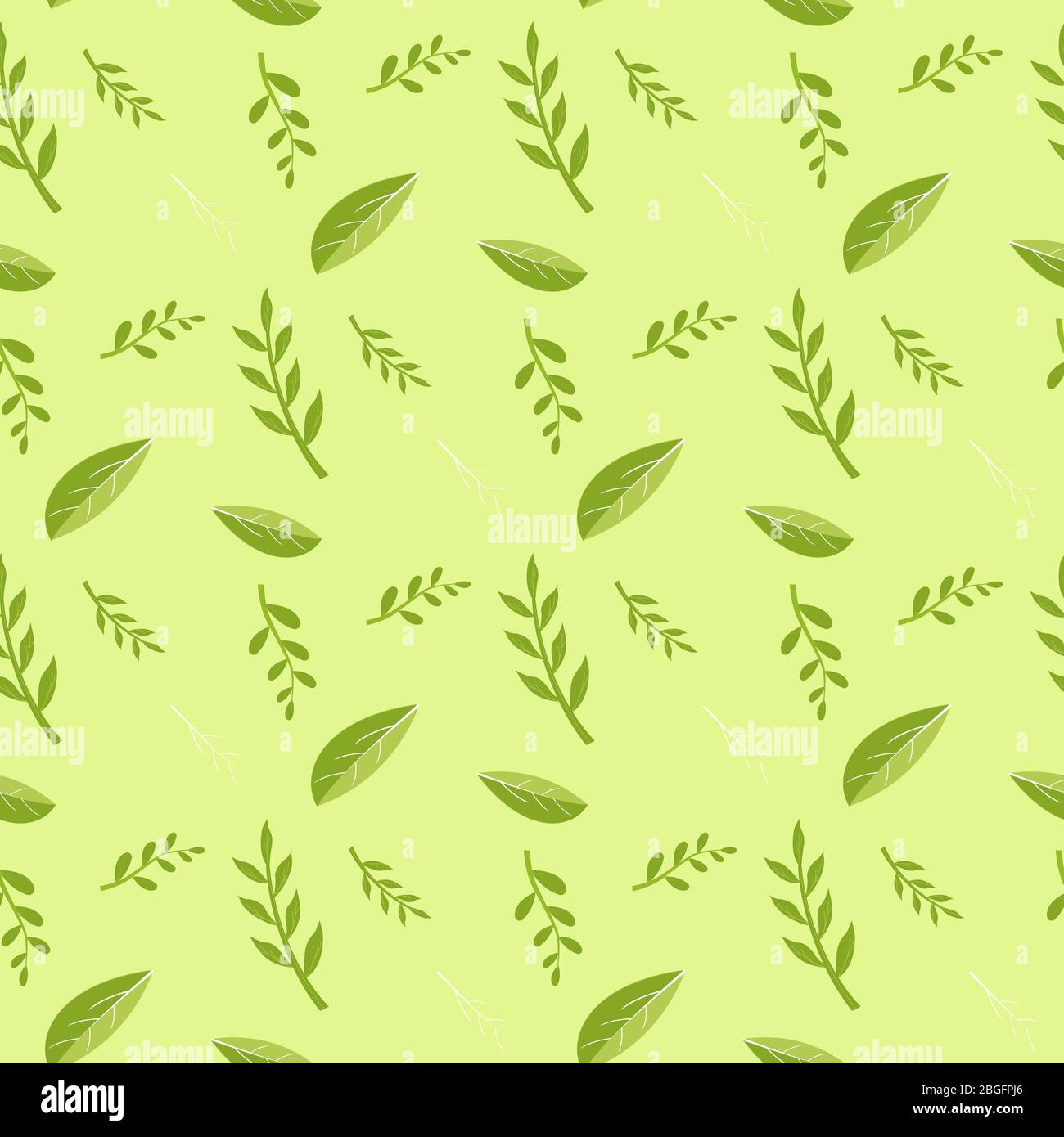 Cartoon senza cuciture motivo floreale. Decor sfondo con foglie verdi e steli di piante. Invito acquerello e creazione di carte su sfondo giallo. Stampa Illustrazione Vettoriale