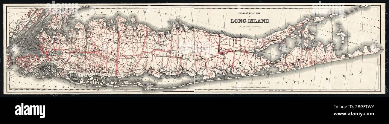 Long Island Map pubblicato 1892, una mappa storica restaurata digitalmente, che mostra strade e ferrovie verso la fine del 19 ° secolo. Mostra le distanze dal Municipio di New York. Foto Stock