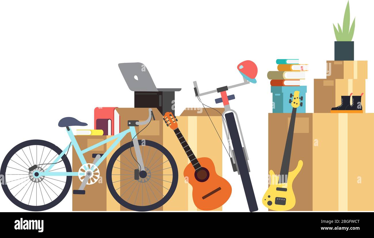 Scatole di cartone di carta con varie cose domestiche. Famiglia che si sposta in nuova casa. Cartone per la casa di riposizionamento, pacchetto per l'illustrazione del trasporto Illustrazione Vettoriale