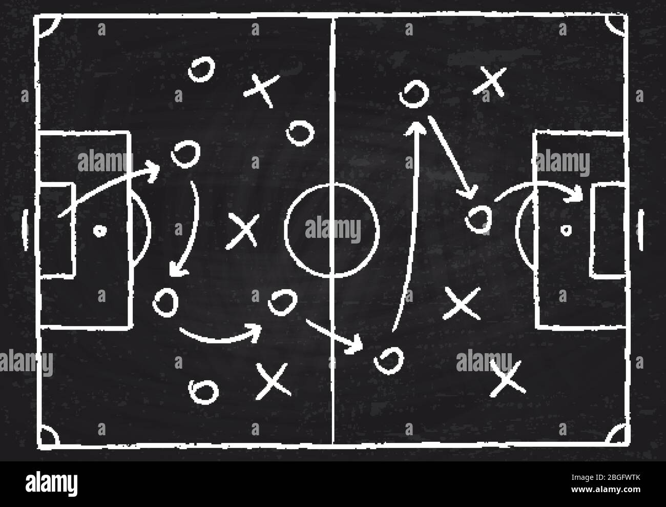 Gioco di calcio tattica con giocatori di calcio e frecce di strategia.  Grafico vettoriale in gesso su lavagna nera Immagine e Vettoriale - Alamy