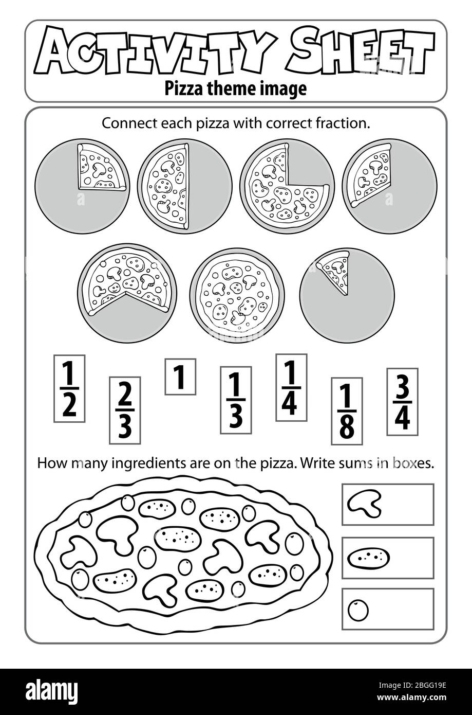 Foglio attività tema pizza 1 - eps10 illustrazione vettoriale. Illustrazione Vettoriale