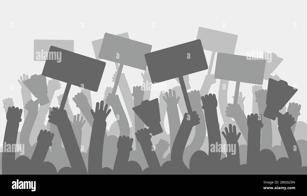 Protesta politica con i manifestanti di silhouette mani che tengono megafone, bandiere e bandiere. Strike, rivoluzione, sfondo vettoriale di conflitto. L’illustrazione colpisce il protesta e la dimostrazione politica Illustrazione Vettoriale