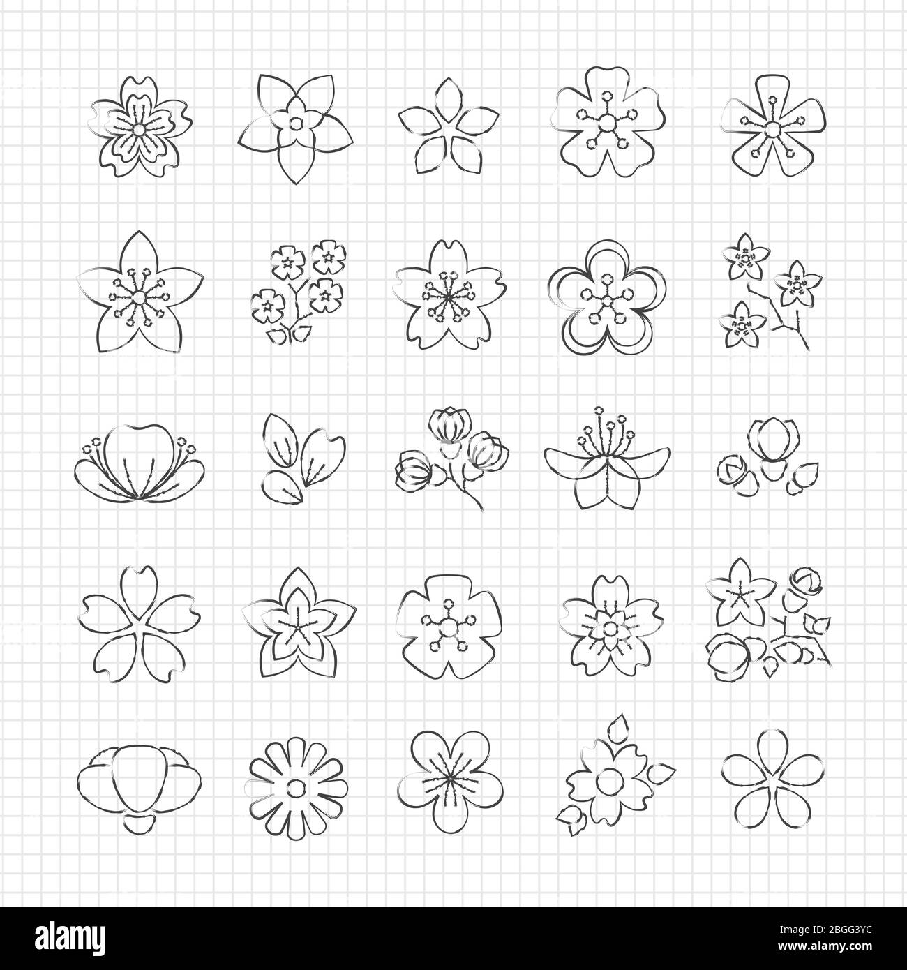 Matita disegno fiori fiori linea icone di set. Illustrazione vettoriale Illustrazione Vettoriale