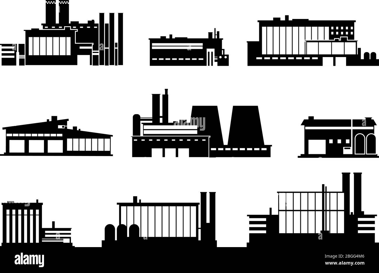 Fabbrica, stabilimento di produzione e magazzino icone di silhouette nera isolate. Costruzione di fabbrica, produzione e produzione, illustrazione vettoriale Illustrazione Vettoriale