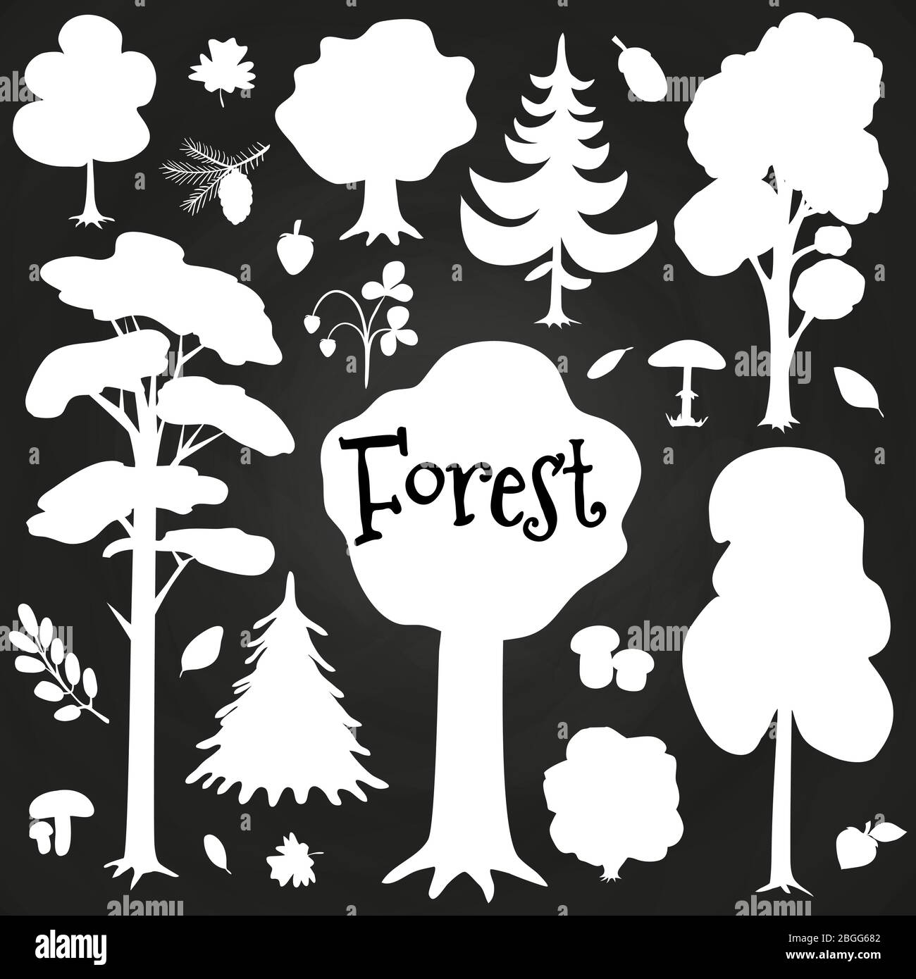 Elementi di foresta bianca su lavagna. Albero, cespugli, rami elementi. Illustrazione vettoriale Illustrazione Vettoriale