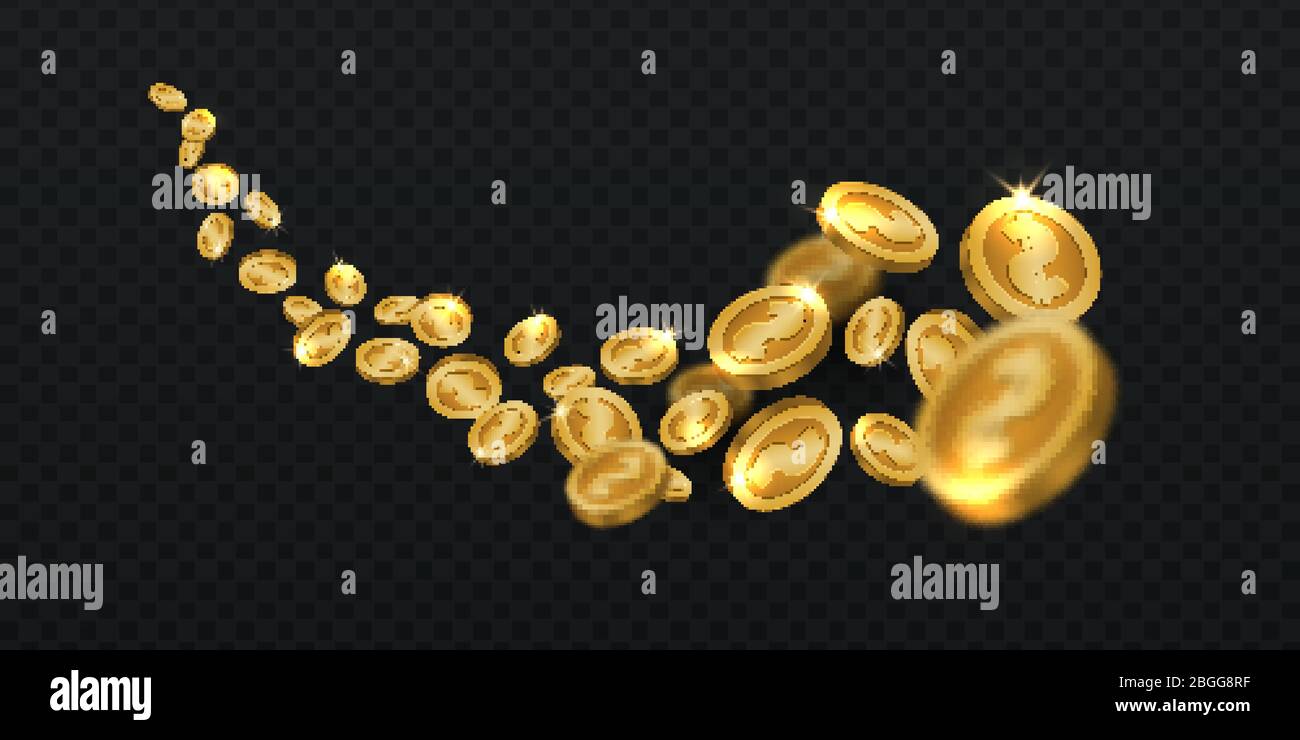 Monete d'oro volanti. Moneta d'oro pioggia isolata. Illustrazione vettoriale in 3d vincitrice di jackpot. Monete d'oro in denaro, jackpot d'oro o guadagni Illustrazione Vettoriale