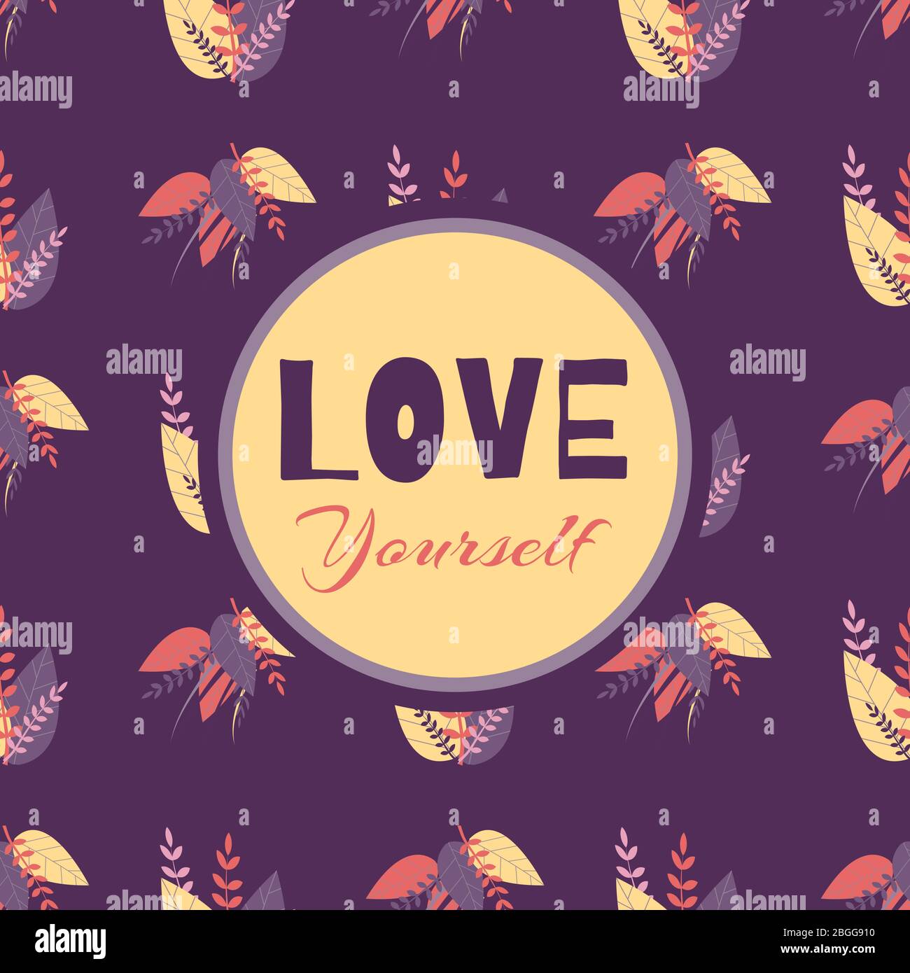Modello astratto floreale senza cuciture Love yourself Iscrizione motivare modello di banner di stile trendy in colore viola composizione foglie tropicali Illustrazione Vettoriale