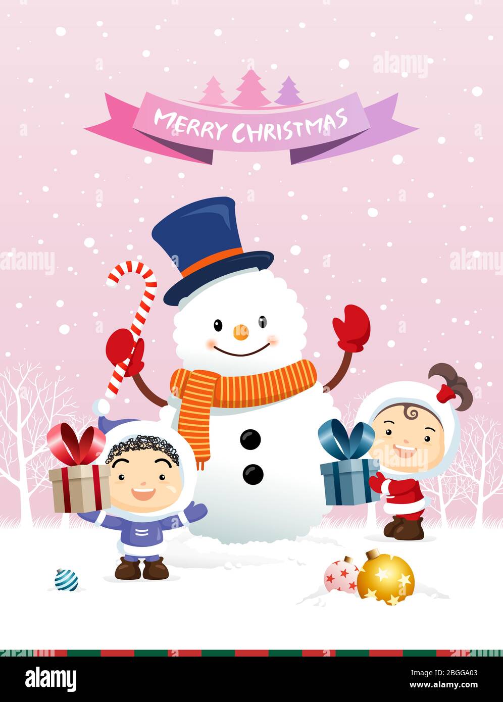 Buon inverno, natale, buon anno. Felici i bambini che ricevono regali di natale. Sfondo invernale Snowman. Illustrazione Vettoriale