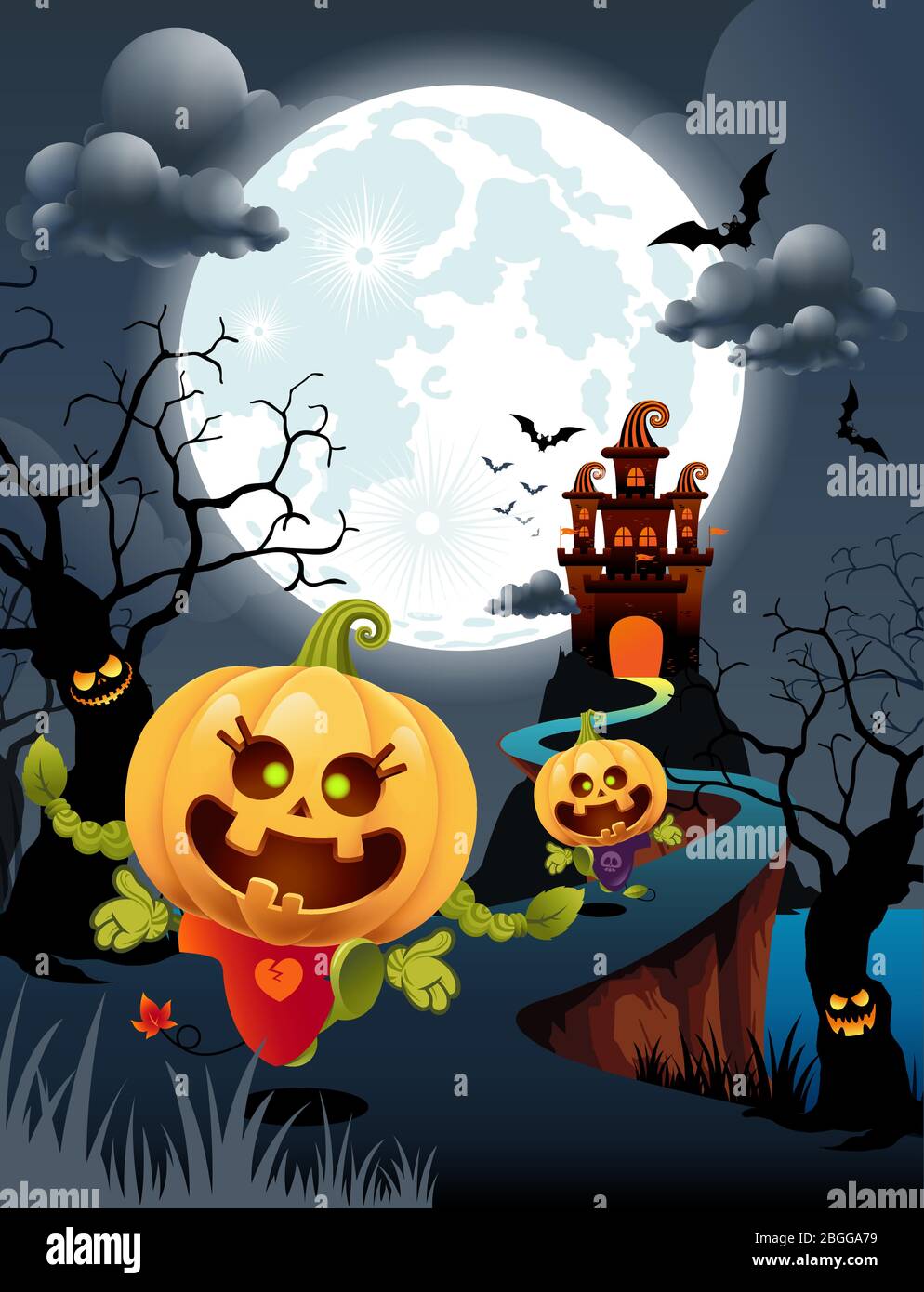 Zucche di Halloween e alberi spaventosi, castello, sfondo scuro. Illustrazione Vettoriale