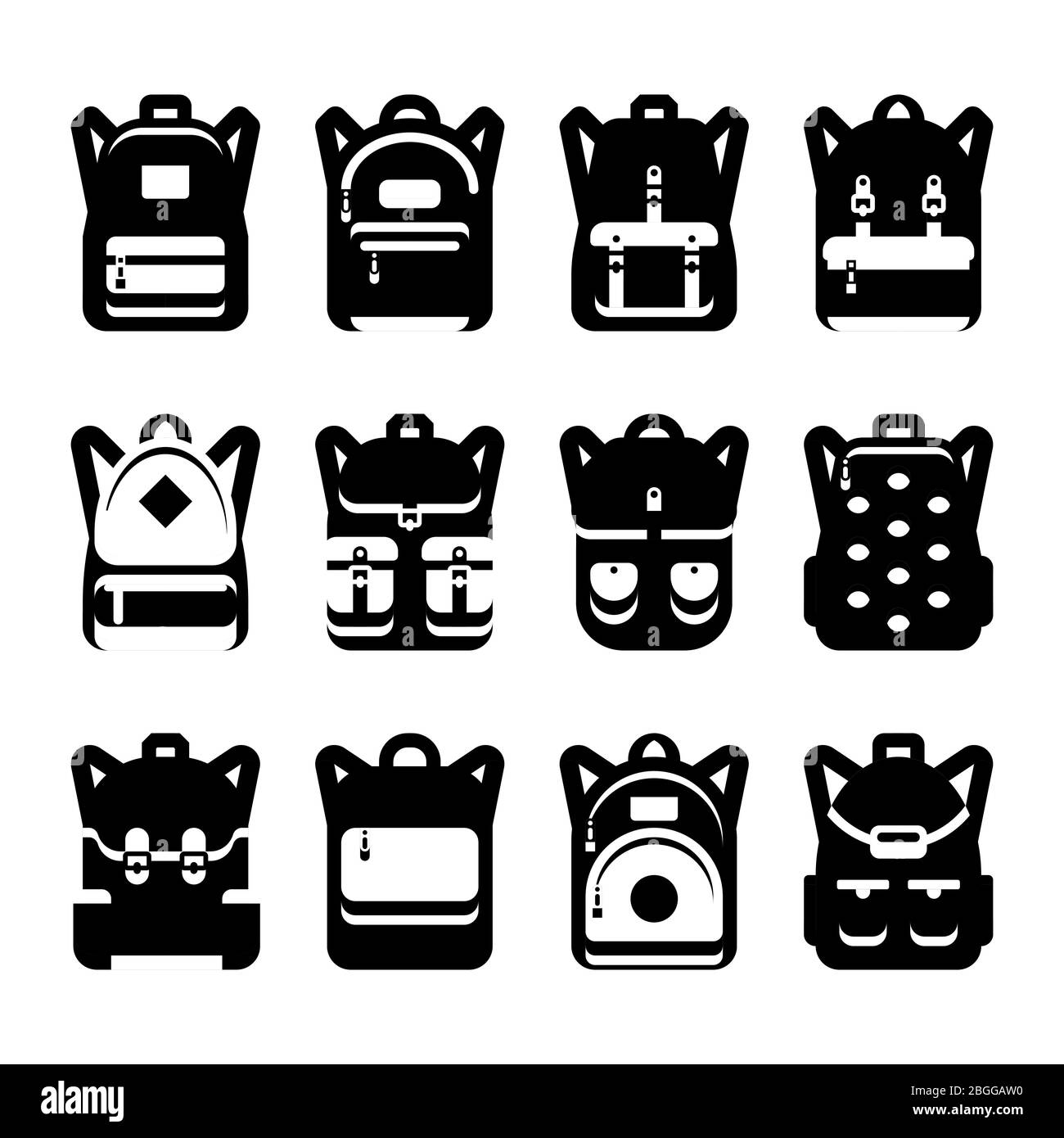 Set di silhouette in bianco e nero. Zaino e haversack, borsa e bagaglio per viaggi, illustrazione vettoriale Illustrazione Vettoriale