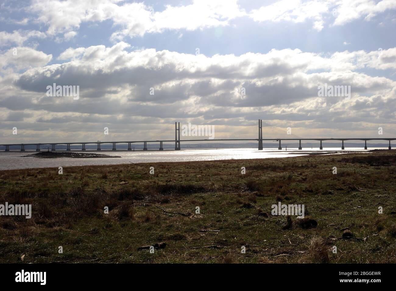 Second Severn Crossing (Prince of Wales Bridge) visto dal Wales Coast Path vicino a Blackrock, Portskewett. Foto Stock