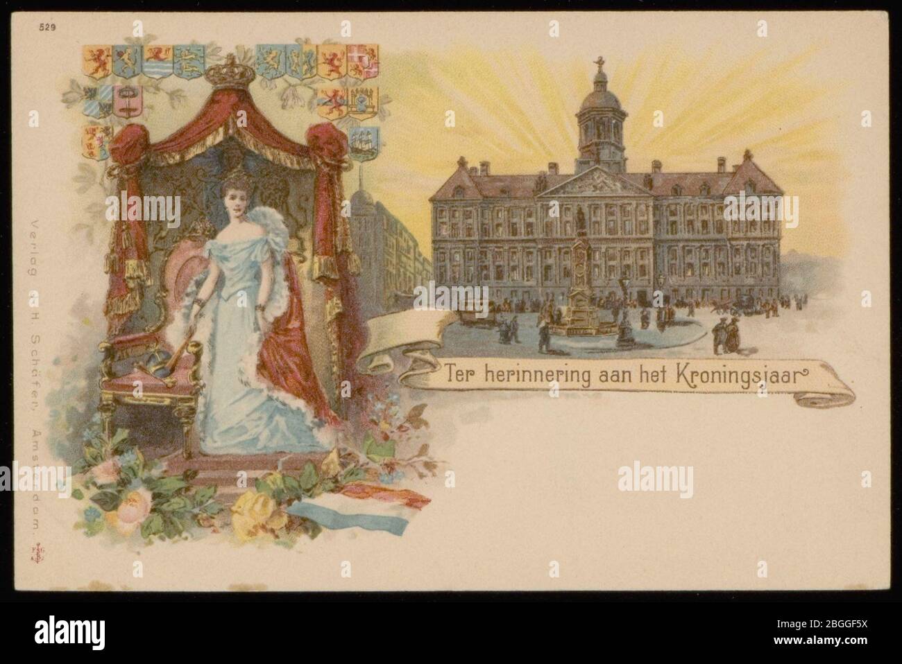 Het Koninklijk Paleis op de Dam ter herinnering aan de kroning van Koningin Wilhelmina, Foto Stock