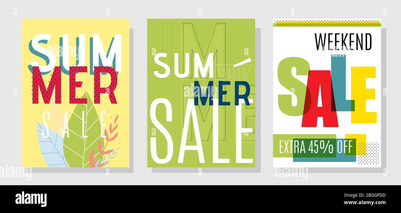 Schede di progettazione promozionali di marketing per le vendite estive speciali. Illustrazioni vettoriali piatte per Online Shop e Mobile Application. Materiale promozionale con Illustrazione Vettoriale