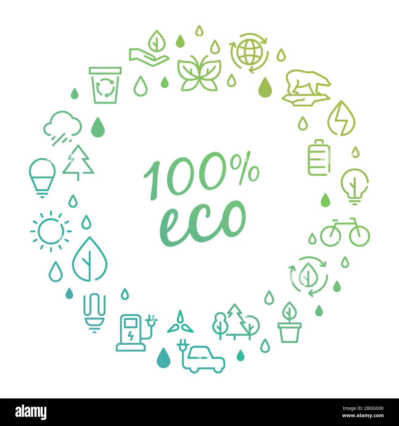Concetto di logo dei prodotti Eco con icone di linea isolate su bianco. Illustrazione vettoriale Illustrazione Vettoriale