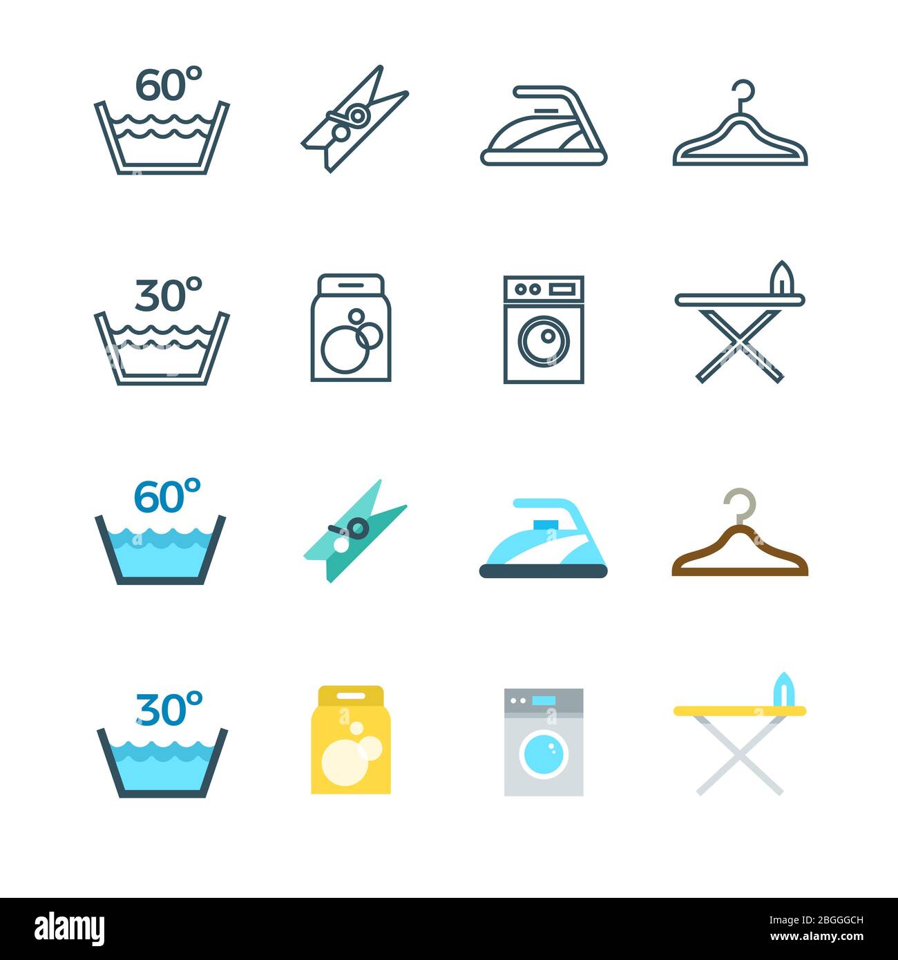 Linea di lavaggio per la casa e la lavanderia e icone piatte del set. Illustrazione vettoriale Illustrazione Vettoriale
