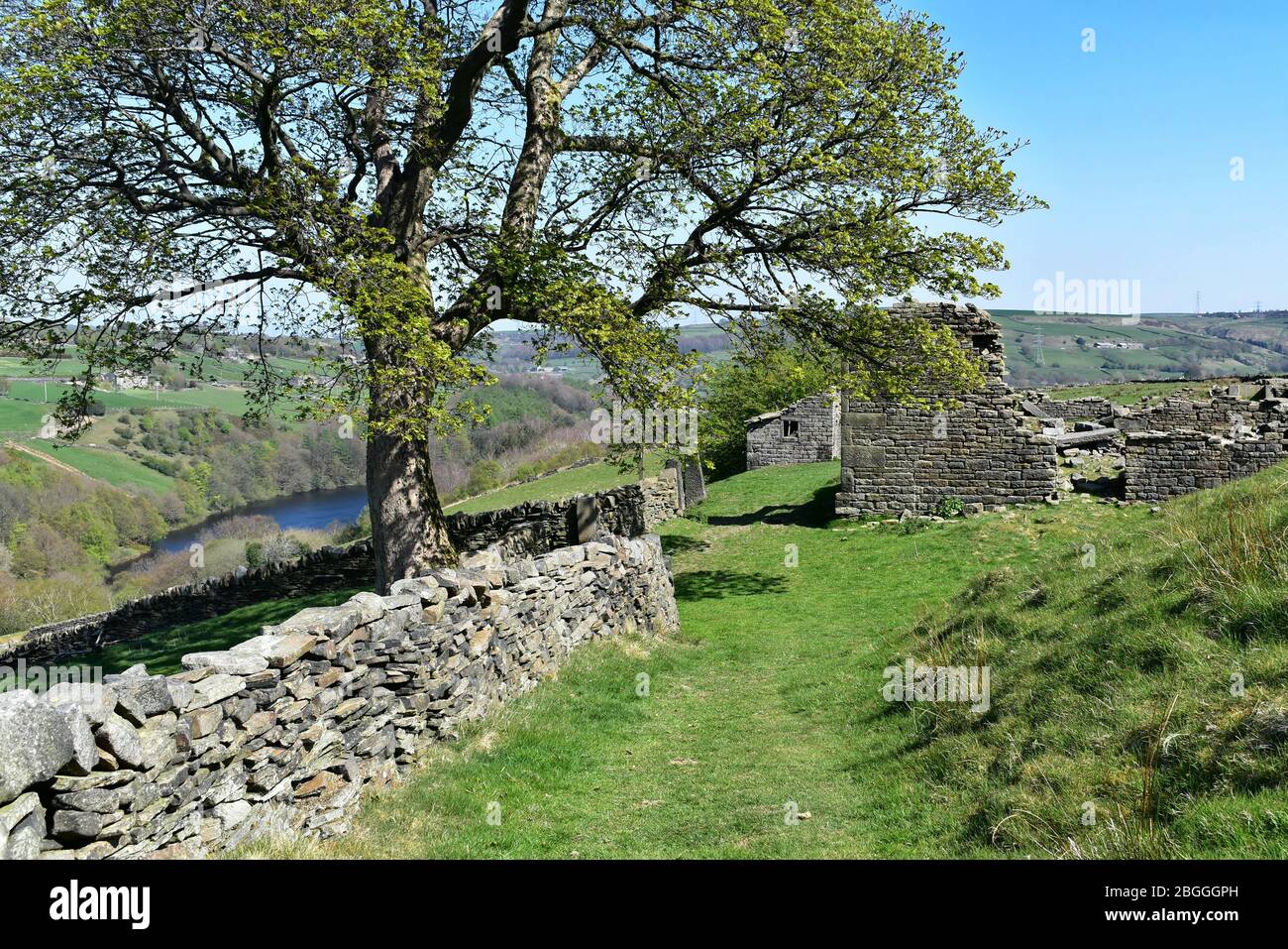 Rovine di una vecchia casa colonica che si affaccia sul bacino idrico di Ryburn. Foto Stock
