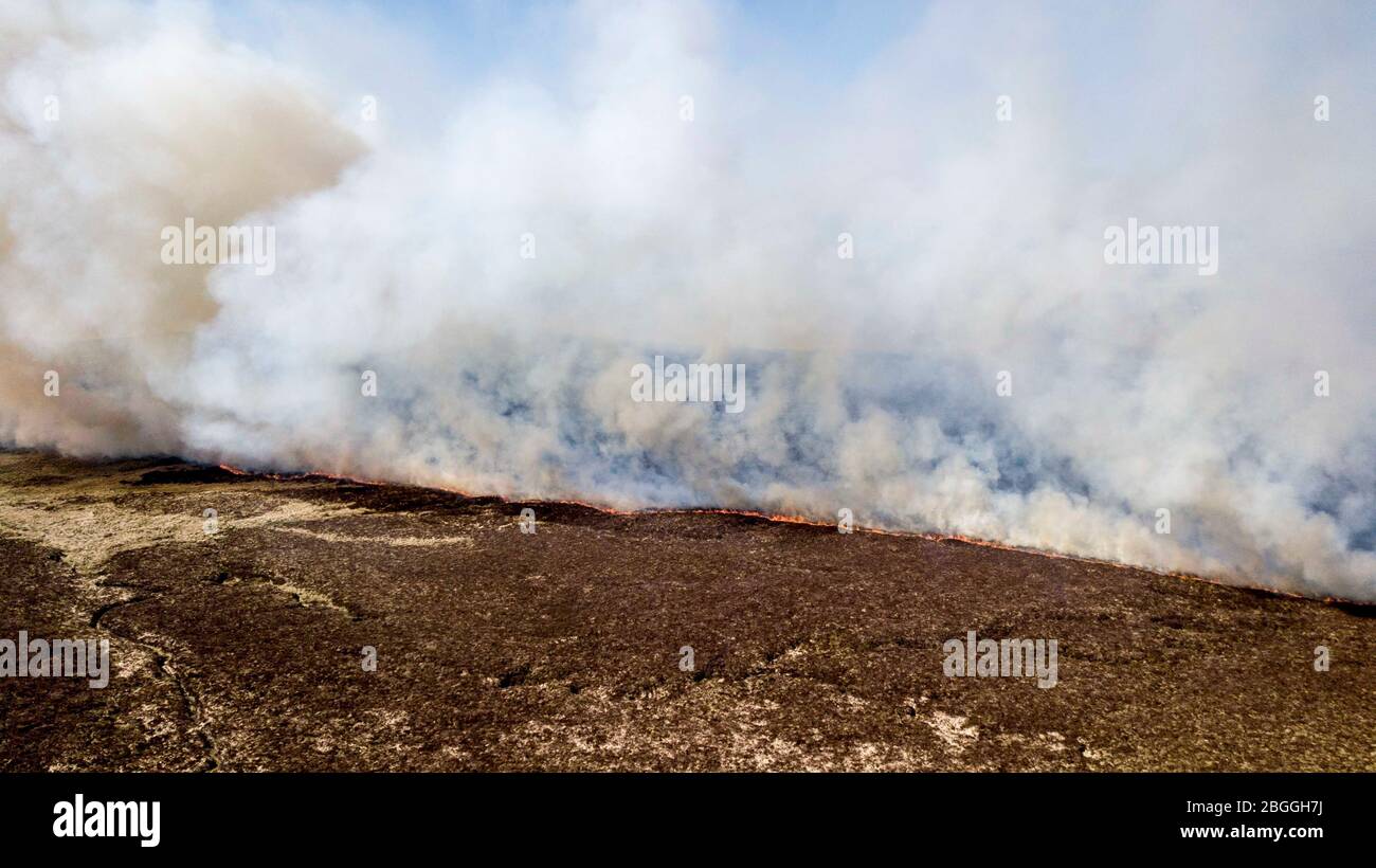 Ballycastle Irlanda del Nord-21 aprile 2020. 70 vigili del fuoco provenienti da tutta l'Irlanda del Nord stanno assistendo agli incendi selvaggi fuori controllo i vigili del fuoco stanno combattendo due grandi incendi selvatici vicino a Ballycastle nella contea di Antrim. Anche le unità specializzate sono state mascherate a causa della natura del terreno. Il terreno asciutto sta ostacolando i loro sforzi e il fumo dal fuoco può essere visto da Antrim città e Coleraine.Picture Credit: Steven McAuley/Alamy Live News Foto Stock