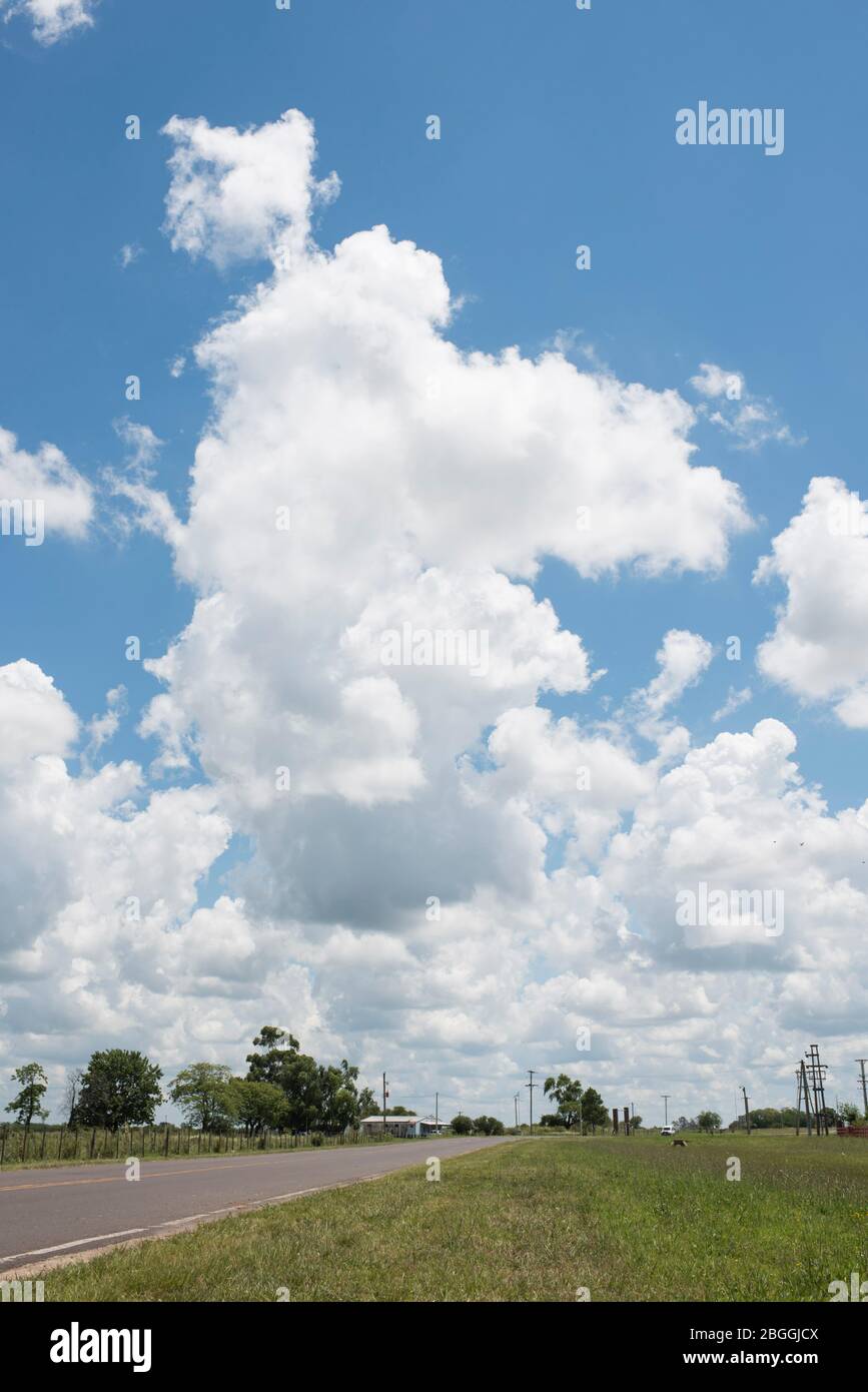 Paesaggio stradale, estate, cielo blu e nuvole bianche Foto Stock
