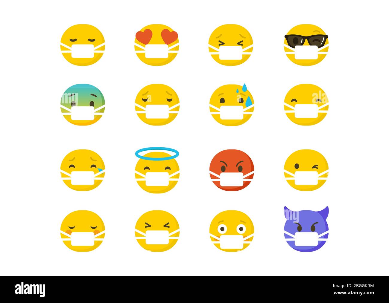 Set di emoticon con maschere chirurgiche protettive, emoji isolato su sfondo bianco, illustrazione vettoriale piatta Illustrazione Vettoriale