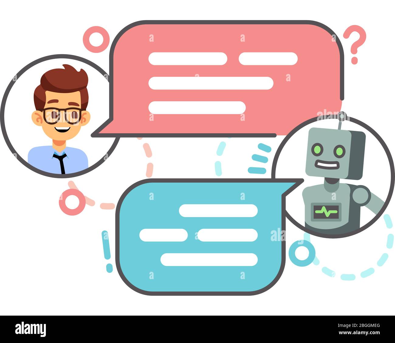 Conversazione umana con il robot sullo smartphone. Chattare con bot, concetto di vettore chatbot. Robot chat e intelligente, chattando sul telefono cellulare illustrazione Illustrazione Vettoriale