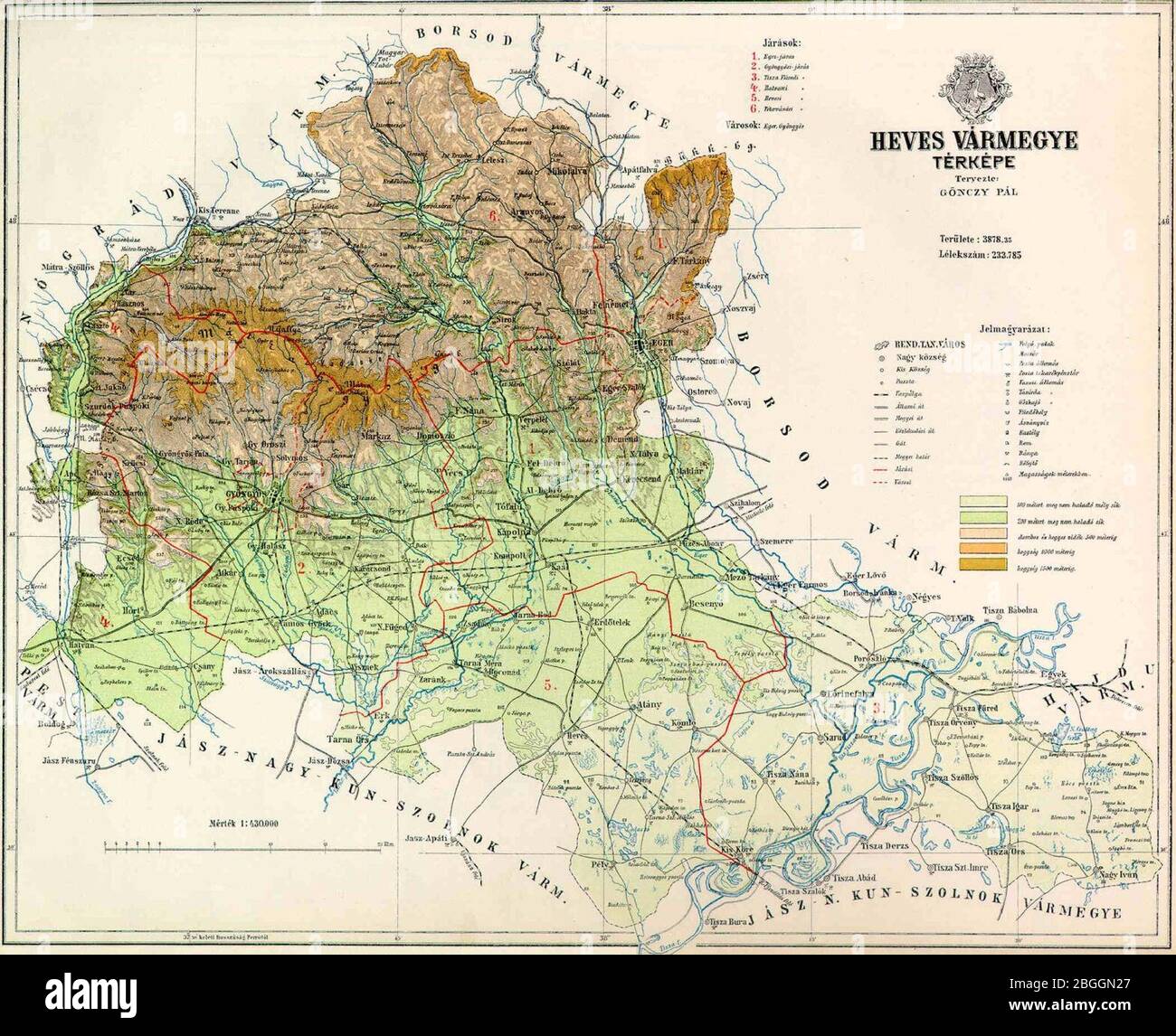 Mappa della contea di Heves (1891). Foto Stock