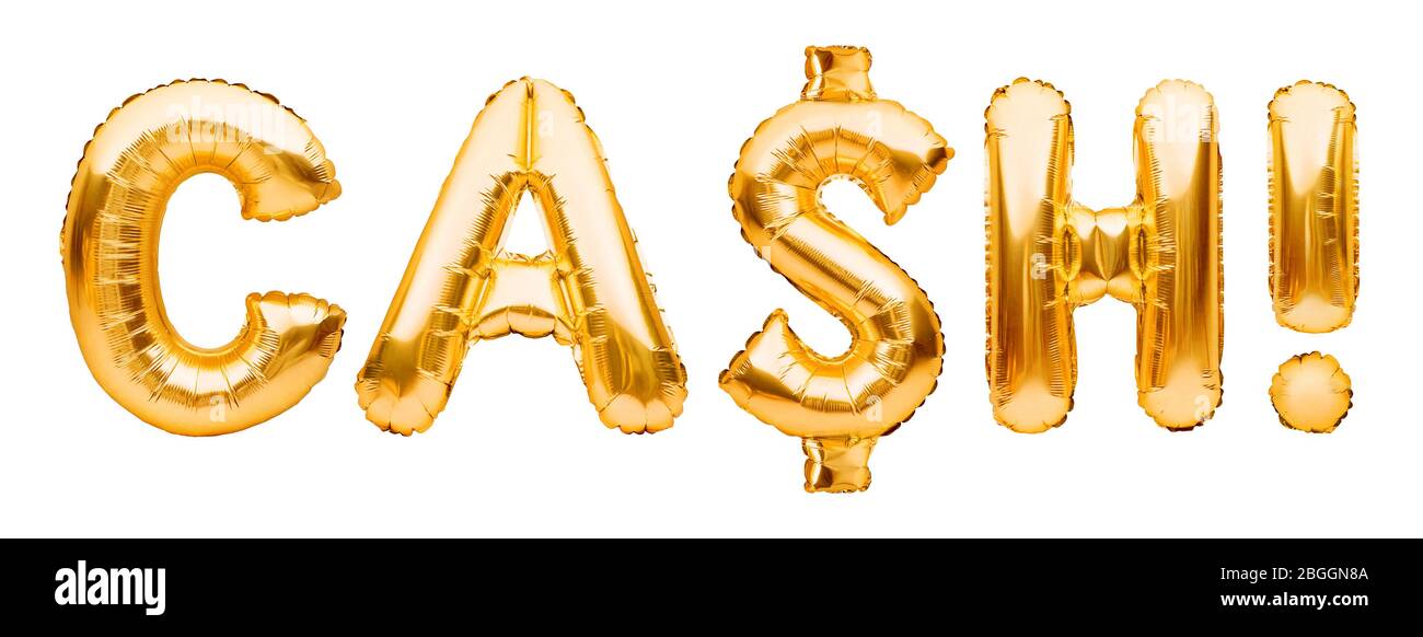 Golden word CASH fatto di palloncini gonfiabili isolato su bianco. Lettere in oro con palloncino. Contabilità, banche, denaro, stipendio, bilancio ed economia Foto Stock