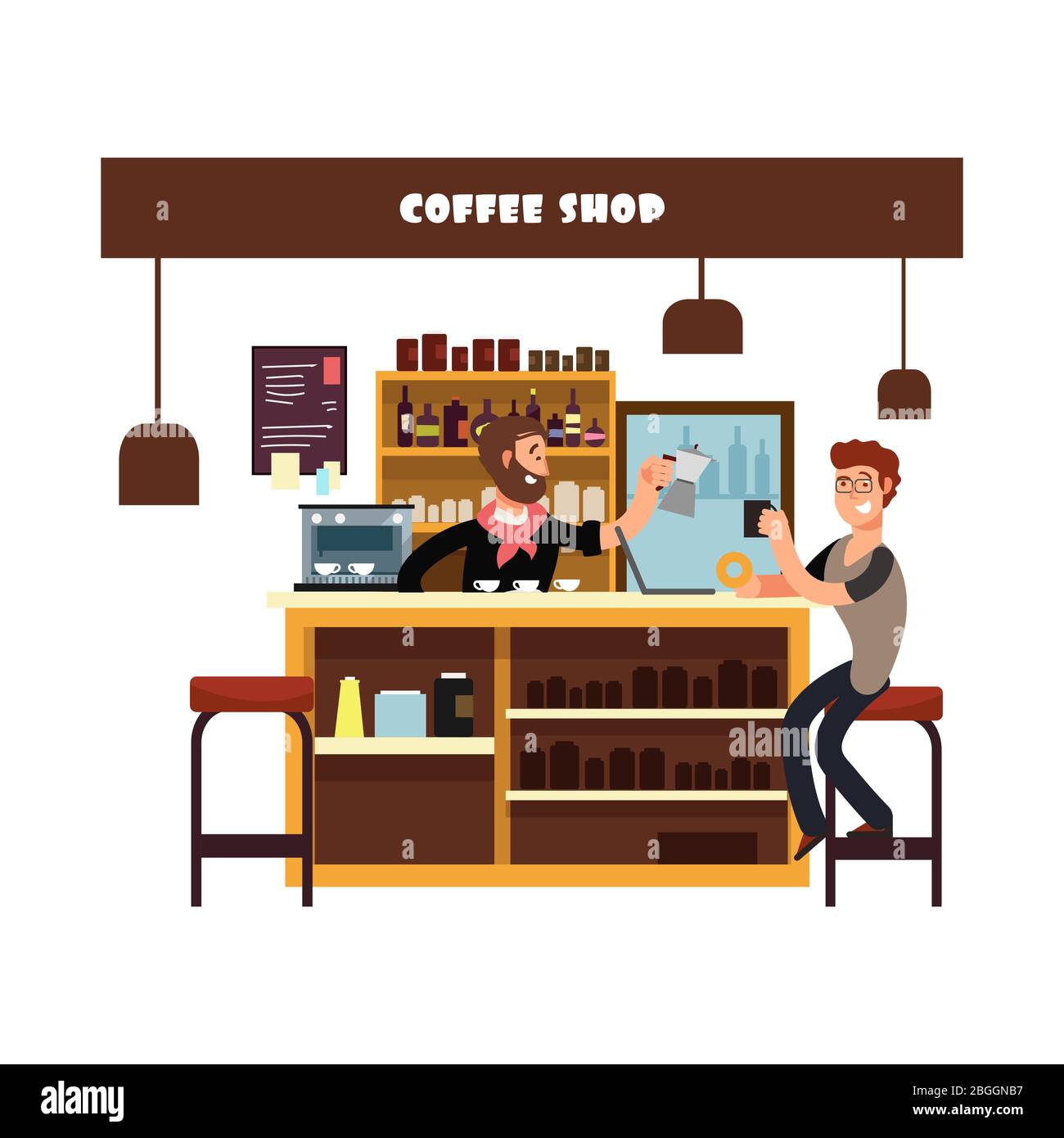 Uomo che lavora nell'illustrazione vettoriale del caffè. Barista, bar e freelance cartoon carattere design Illustrazione Vettoriale