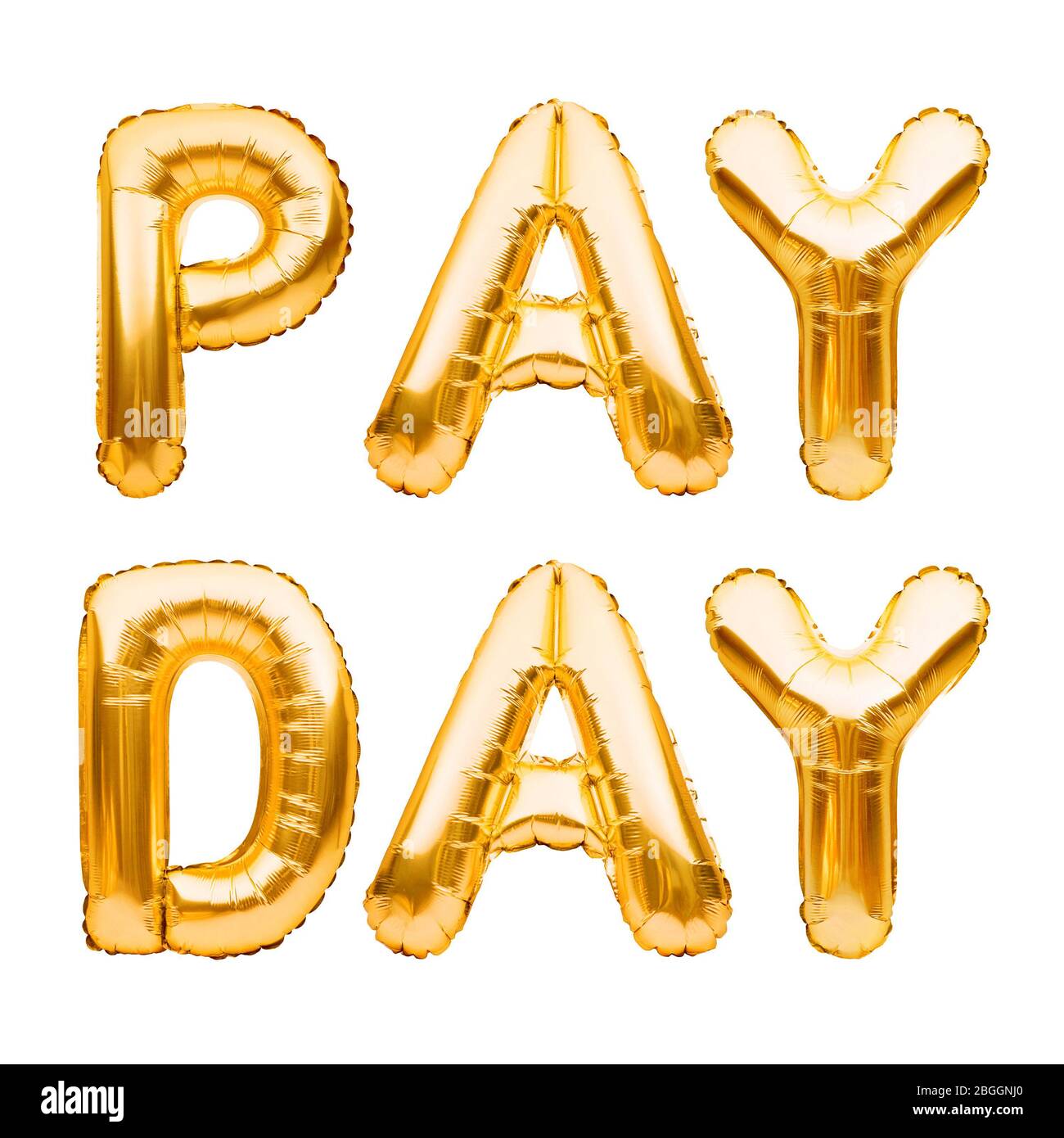 Le parole d'oro PAGANO GIORNO fatto di palloncini gonfiabili isolati su bianco. Lettere in oro con palloncino. Contabilità, banche, denaro, stipendio, bilancio ed economia Foto Stock