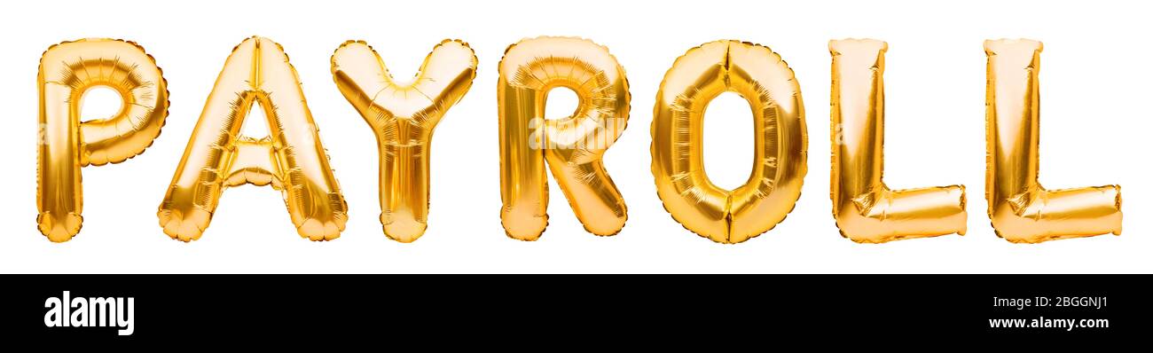 Libro PAGA Golden word in palloncini gonfiabili isolati su bianco. Lettere in oro con palloncino. Contabilità, banche, denaro, stipendio, bilancio ed economia Foto Stock