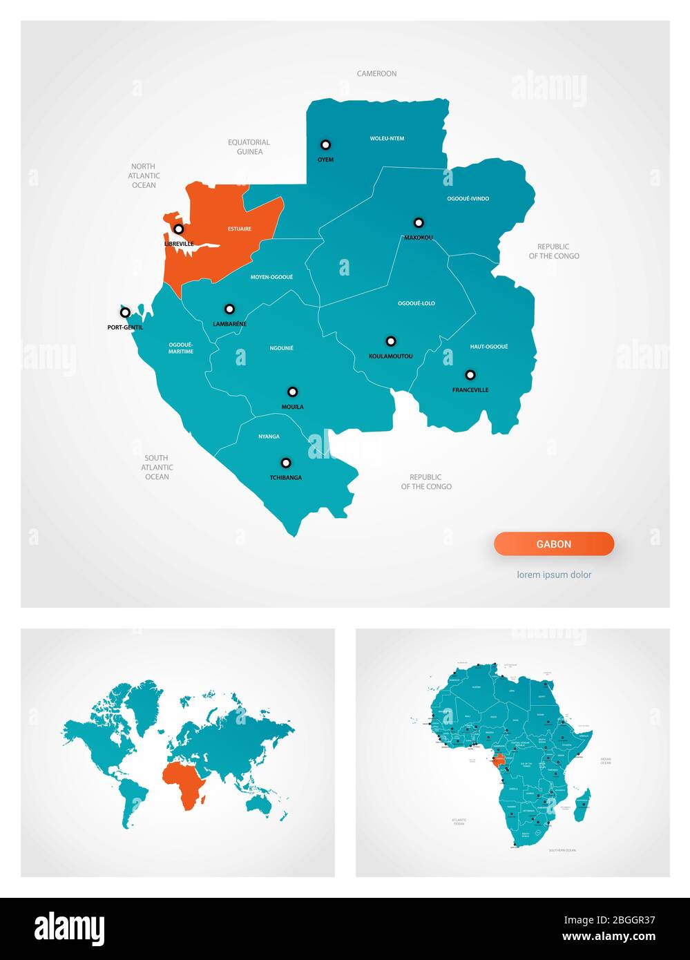 Modello modificabile di mappa del Gabon con segni. Gabon sulla mappa del mondo e sulla mappa dell'Africa. Illustrazione Vettoriale