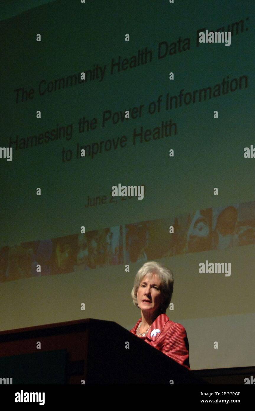 Il Segretario HHS Kathleen Sebelius lancia l'iniziativa comunitaria dei dati sanitari. Foto Stock
