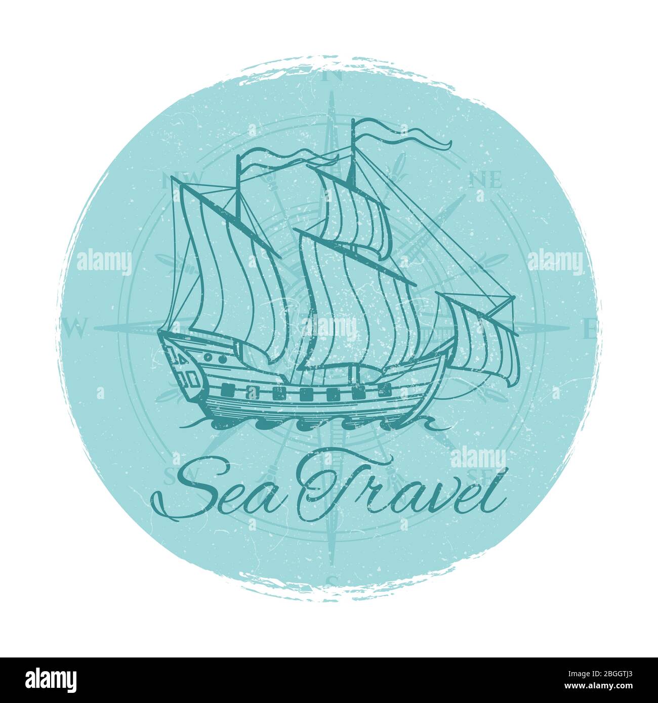 Banner di viaggio in mare. Antico emblema nave design. Nave antiquariato in mare, emblema di viaggio in barca, illustrazione vettoriale Illustrazione Vettoriale