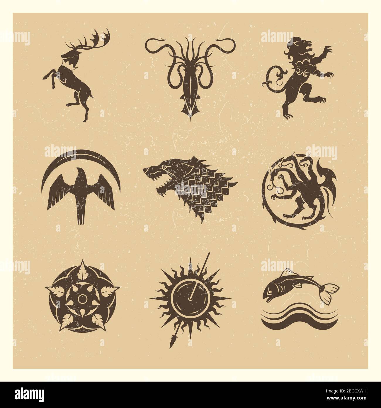 Vintage grandi regni ospita giochi araldici vettoriali icone con silhouette animali e simboli trono illustrazione Illustrazione Vettoriale