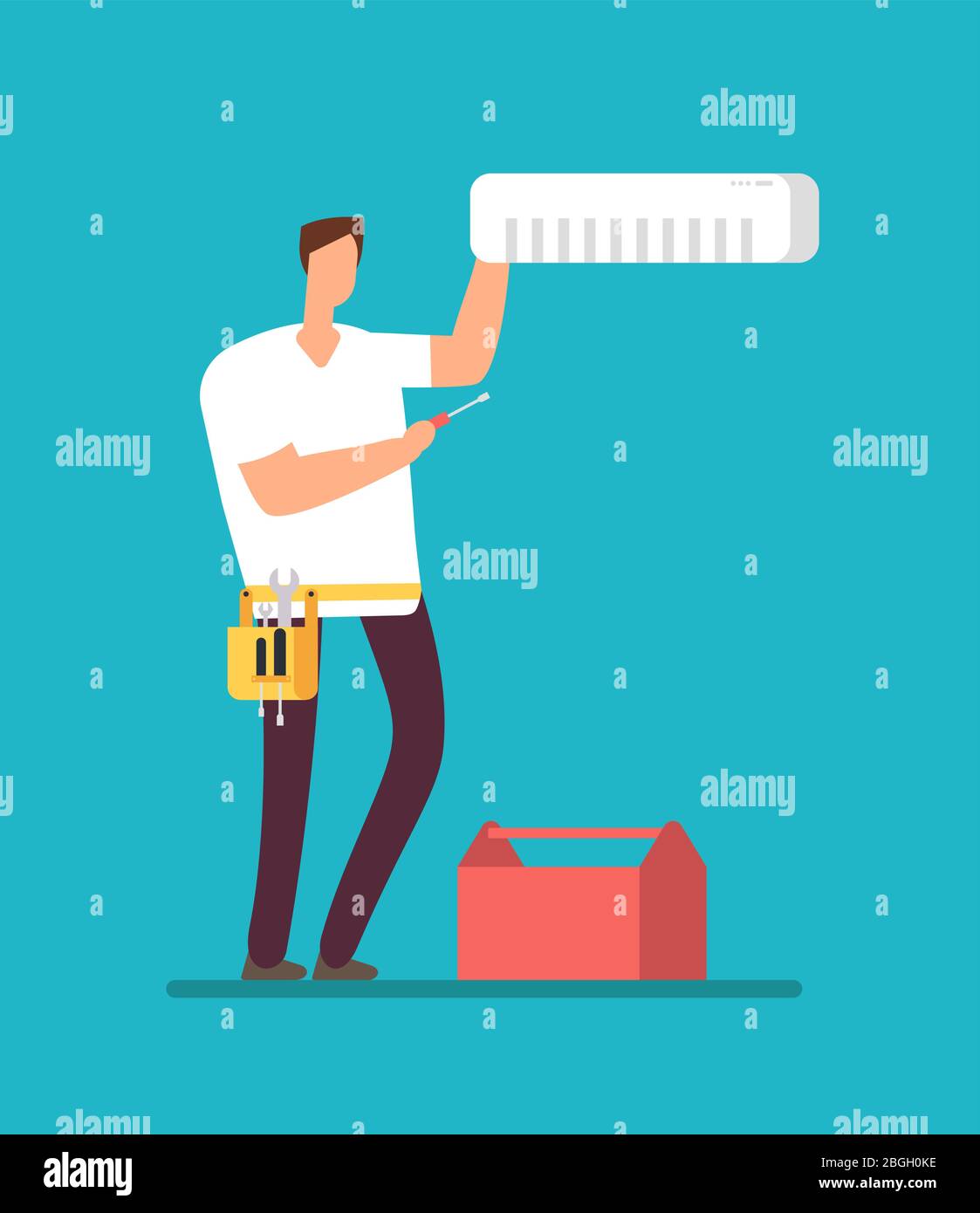 Riparatore professionista che installa il condizionatore d'aria. Riparazione del refrigeratore di appartamenti e del concetto di vettore di servizio di controllo dell'aria. Installazione del refrigeratore d'aria, manutenzione, manutenzione e installazione Illustrazione Vettoriale