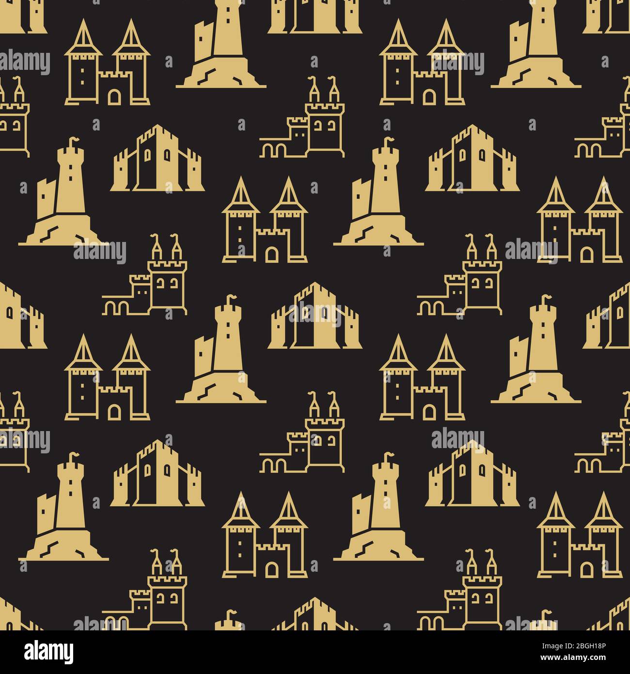 Castelli e fortezza, bastioni su sfondo nero senza cuciture. Modello. Illustrazione vettoriale Illustrazione Vettoriale